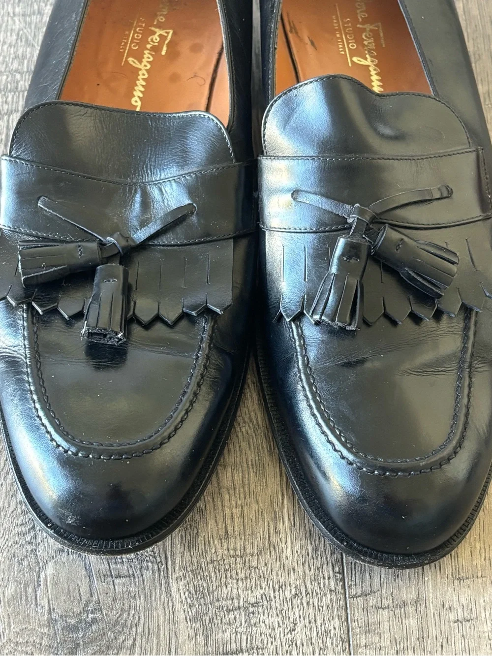 Salvatore Ferragamo Black Leather Tassel Kiltie Loafers